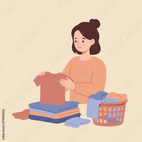 Simple Flat Illustration Woman Folding Clothes with Laundry Basket in Room