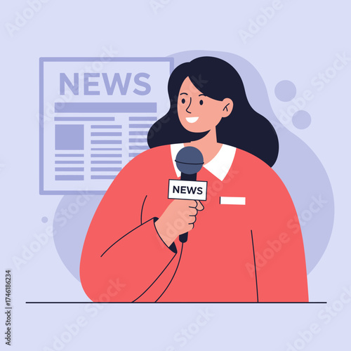 Flat Illustration Woman Reporter Holding Microphone Broadcasting News Information