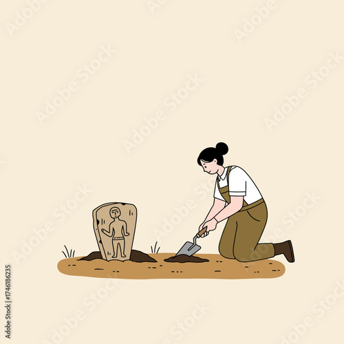 Minimalist Line Art Archaeologist Digging for Artifacts at Burial Site