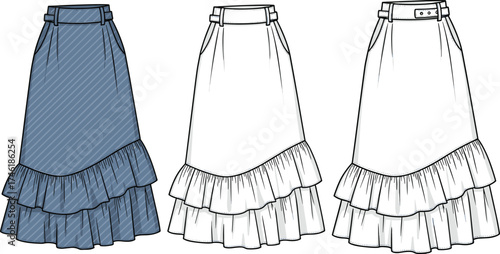 Two tier ruffle skirt fashion design, high waist with belt loops, stylish women apparel template, cad drawing flat vector illustration, garment sketch
