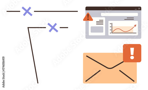 Red error alert on a graph webpage, envelope with warning icon, intersecting lines with crosses. Ideal for cybersecurity, communication, system error, risk management, problem-solving, alert systems
