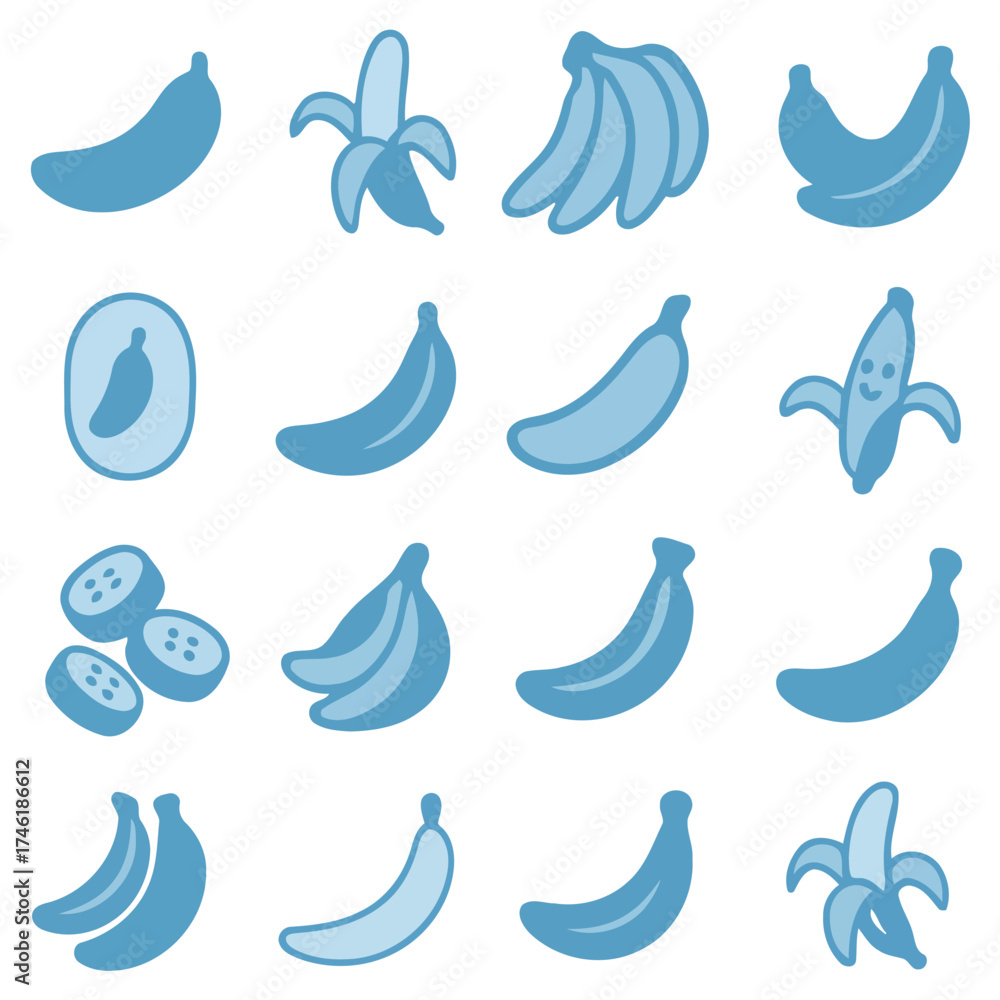 Fototapeta premium Banana Pattern: A simple pattern of various bananas, in shades of blue, illustrates the fruit in different forms, perfect for design.