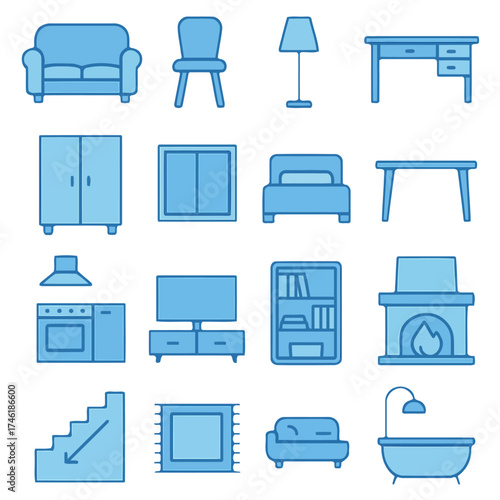 Modern furniture set: A comprehensive set of modern furniture elements, designed with a clean aesthetic, capturing the essentials for a comfortable and stylish home.