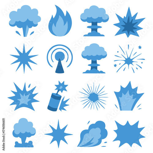 Explosive Icons: A vibrant collection of stylized explosion icons, rendered in vivid detail, showcasing diverse forms and energy.