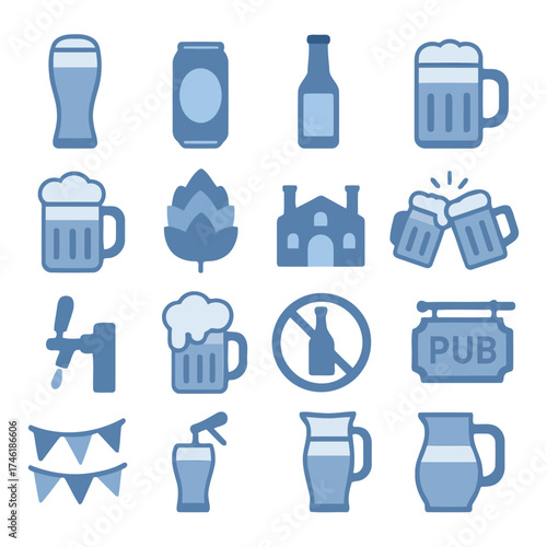A Symphony of Refreshments: A vibrant display of beer and pub related icons. It showcases variety of glassware, cans, bottle and accessories. Perfect for any project needs of beer and pub scene.
