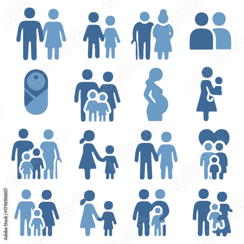 Family Icons: A collection of simple, universally recognizable icons depicting various family structures and stages of life, from couples and parents to children and pregnancy.