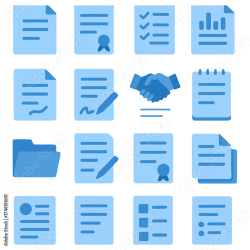 Document Collection: A comprehensive collection of document icons, representing essential business and informational tools. Showcasing the core elements of paperwork and agreements. 
