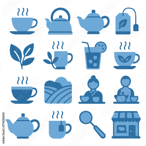 Tea Icons: An assortment of elegant tea icons representing different aspects of tea culture, ideal for diverse applications from websites to presentations.