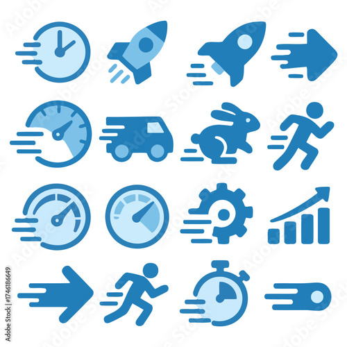 Speed Icons for Progress and Efficiency: A collection of vibrant icons symbolizing speed, progress, and efficiency, conveying concepts of time, acceleration, and goal achievement.