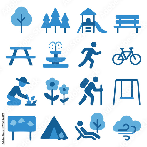 Park Icon Collection: A versatile set of minimalist icons, capturing various elements commonly found in a serene park setting, perfect for design projects.