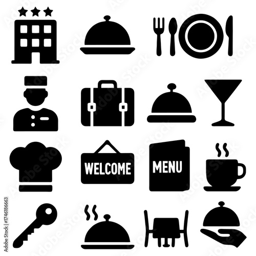 Elegant Hospitality Icons: A set of meticulously designed icons, encapsulating the essence of the hospitality industry. From hotel buildings to culinary service items and guest amenities.