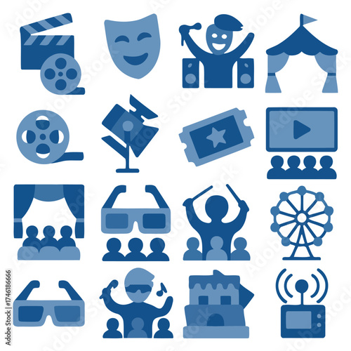 Entertainment Icon: A collection of diverse icons representing the multifaceted world of entertainment. This collection captures the essence of stage, screen, and amusement.