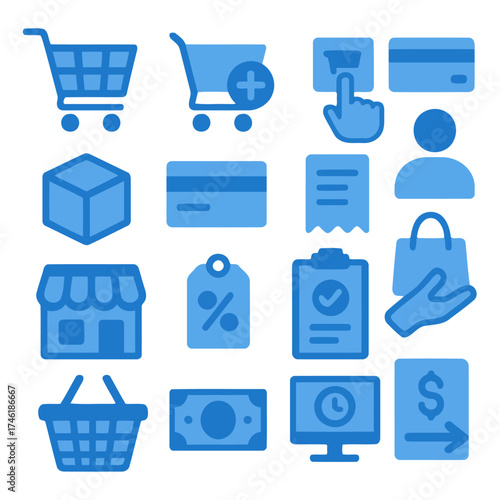 Digital Retail Icons: An array of clean, vector-style icons illustrating every aspect of online shopping, from browsing and adding items to completing a secure purchase and managing transactions.
