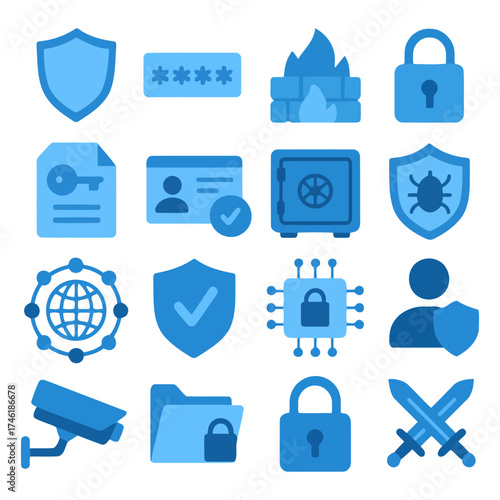 Digital Fortress: A set of blue security icons, symbolizing robust protection in the digital realm, covering essential elements like password, firewall, padlock, and network security.