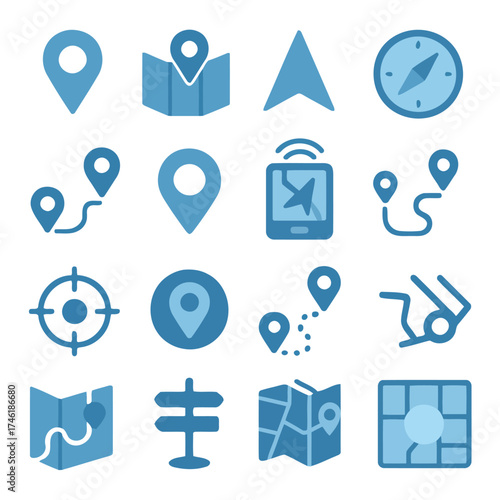 Navigation Icons: A collection of vibrant, minimalist icons representing various aspects of navigation, guidance and mapping. Suitable for interface elements.