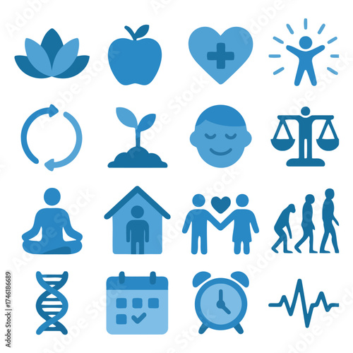 Icons of Holistic Well-being: A collection of thematic icons encompassing various facets of wellness, presenting a harmonious approach to health, balance, and vitality.