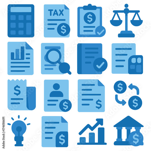 Financial Icon Set: A visually engaging collection of financial icons representing taxation, analysis, and banking activities.