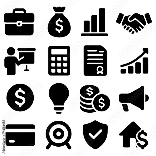 Business Icons Set: A comprehensive collection of black-and-white business icons, meticulously crafted to represent key aspects of the financial world.