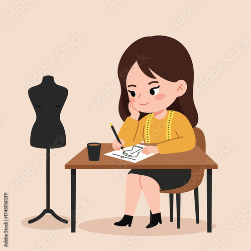 Cartoon Style Woman Fashion Designer Sketching Clothes Design Illustration