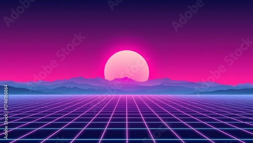 Retro Neon Grid Horizon with Purple Sky