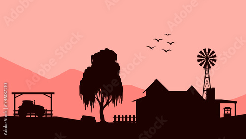 Countryside landscape illustration with farmhouse and rural scene