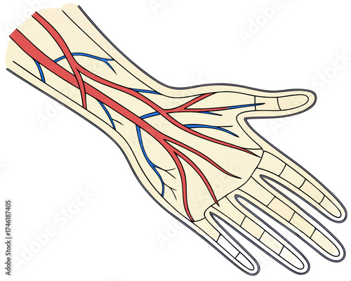 Anatomical illustration of the circulatory system, showing the arteries and veins in a human hand and forearm.