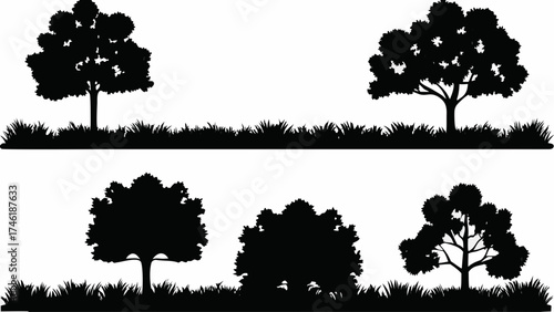 Lush silhouettes of trees and grass create a peaceful, idyllic scene perfect for nature-themed designs and eco-friendly projects, ideal for branding and logos