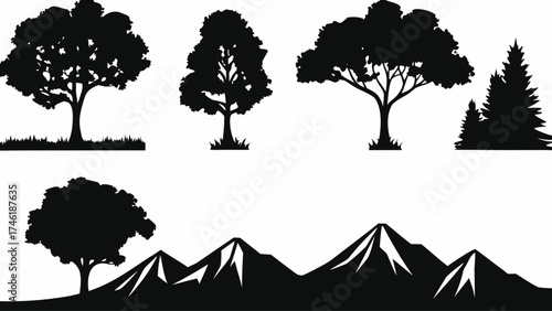 Create a striking natural scene with this landscape featuring silhouettes of trees and mountains, perfect for logos and designs needing an outdoor element