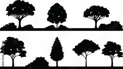 Striking silhouette landscape featuring diverse tree and shrub shapes perfect for adding natural elements to your designs, originally a scalable vector graphic