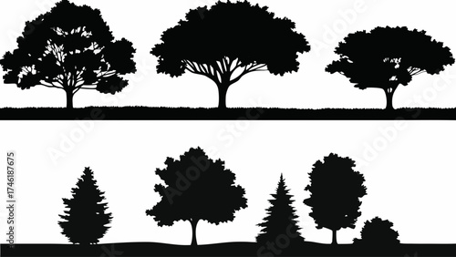 Elegant silhouettes of various trees create a serene natural landscape, perfect for adding a touch of organic beauty to any design project, originally a scalable graphic