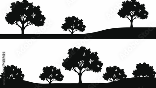 Serene tree silhouettes on rolling hills create a peaceful landscape, perfect for nature lovers and outdoor enthusiasts in elegant black and white