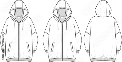 Hooded zip up jacket technical sketch, fashion flat drawing, ribbed cuffs hem, welt pockets, drawstring hood, apparel cad garment illustration