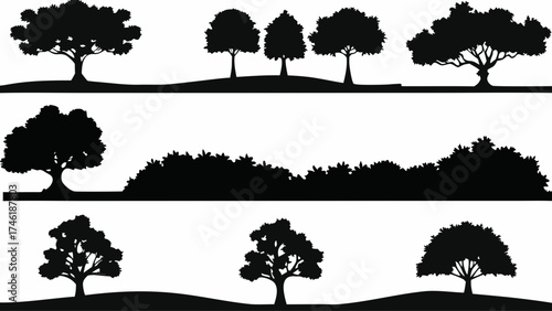 Serene nature silhouette collection for landscape designs, perfect for parks and gardens, creating tranquil outdoor scenes with elegant tree outlines
