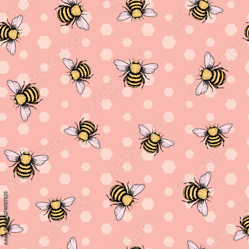 Seamless pattern with bees. Small wasp. Vector illustration. Design for invitation, cards, textile, fabric. Doodle style.