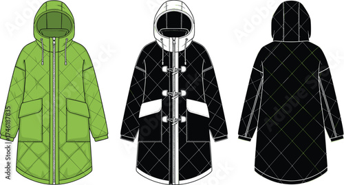 Women’s quilted coat technical sketch, fashion flat drawing, hood with drawstrings, diamond quilt pattern, flap pockets, zipper toggle closure illustration