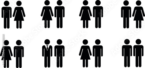 Diverse human icon pairs, relationship symbols, gender representation, social connection, black silhouette figures, inclusivity concept, simplified people icons, minimal design, community illustration
