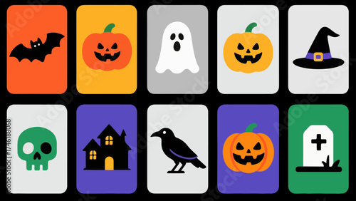 Gravewind Halloween Icon Cards — Bat, Pumpkins, Ghost, Witch Hat, Skull, Haunted House, Raven & Tombstone