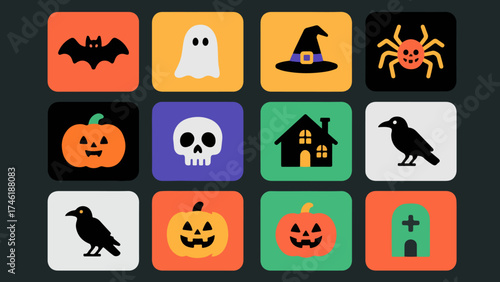 Ravens & Jack-O’Lanterns Halloween Icon Grid — Bat, Ghost, Witch Hat, Spider, Skull, Haunted House & Grave