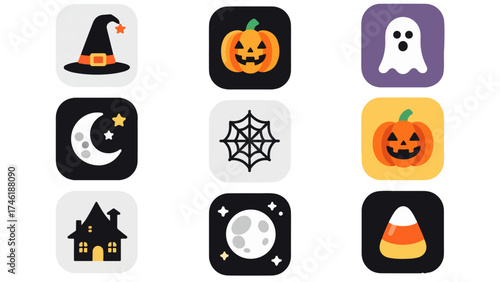 Starlit Spells Halloween Icon Set — Witch Hat, Pumpkins, Ghost, Moon, Web, Haunted House & Candy Corn