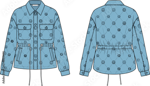 Women’s quilted jacket technical sketch, fashion flat drawing, diamond quilt with circular motifs, button placket, flap chest pockets, drawstring waist illustration