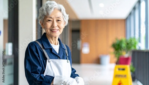 清掃会社で働くシニア女性の笑顔　生成AI素材　Generated image