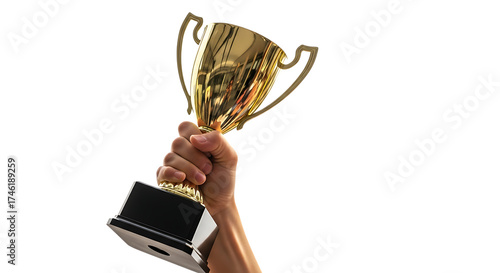 Illustration of hand holding a golden trophy isolated on transparent background