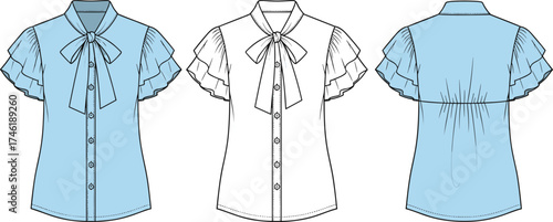 Women’s blouse technical sketch, fashion flat drawing, bow tie collar, ruffle sleeve detail, button down front, apparel cad garment illustration