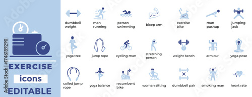 Clean exercise vector icons for fitness, gym, and health design projects with modern, minimal, and editable style.