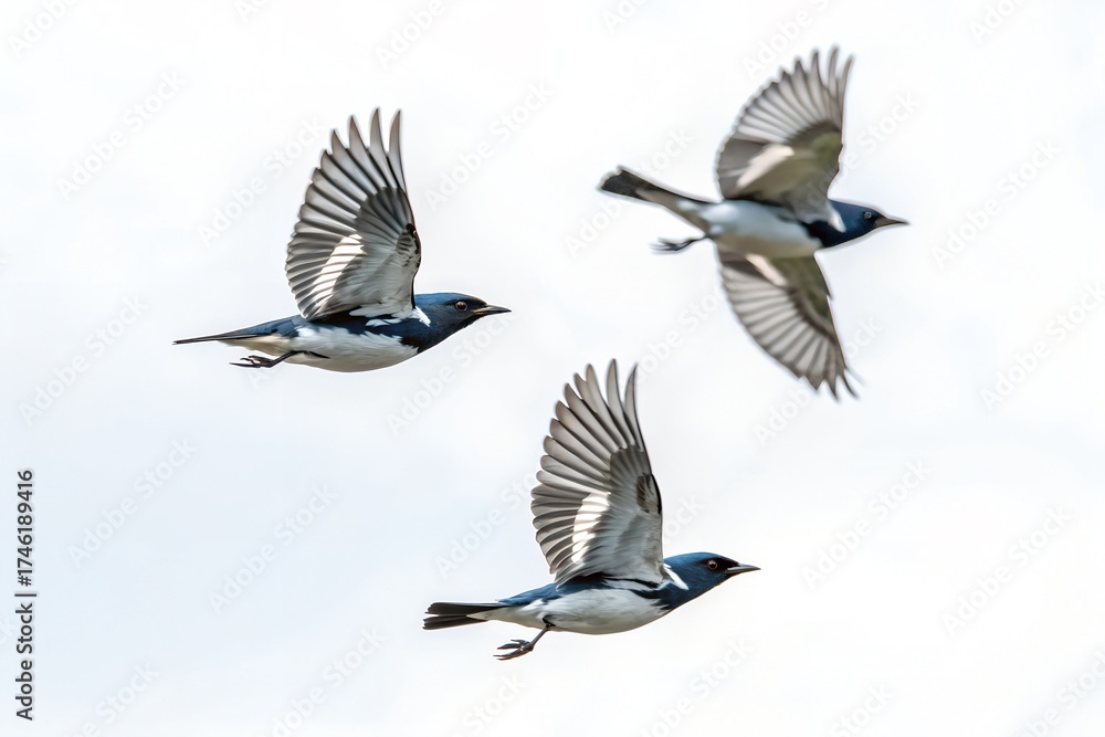 Obraz premium Black-throated Blue Warbler Flock Flying Isolated on White