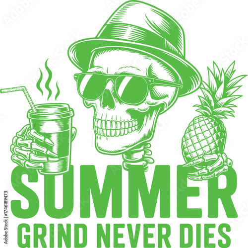 Summer grind never dies skeleton wearing sunglasses holding coffee enjoying summer vector design