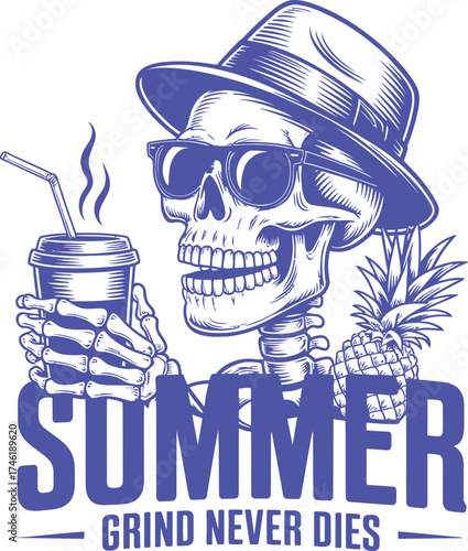 Summer grind never dies skeleton wearing sunglasses holding coffee enjoying summer vector design
