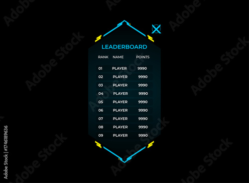 sci fi leaderboard ui template neon cyber ranking points futuristic blue black minimal panel interface hud game design vector