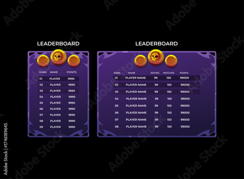 Halloween fantasy leaderboard ui template purple cartoon spooky skull trophy ranking points panel game interface mobile desktop design