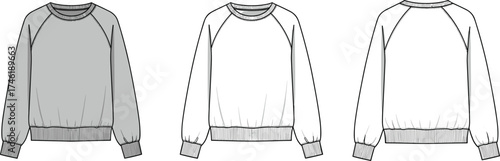 Women’s sweatshirt technical sketch, fashion flat drawing, ribbed cuffs hem neckline, long sleeve pullover design, apparel cad garment construction vector illustration